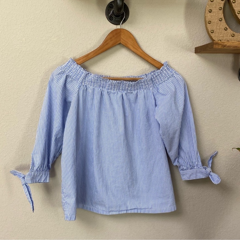LOFT blue and white striped off the shoulder